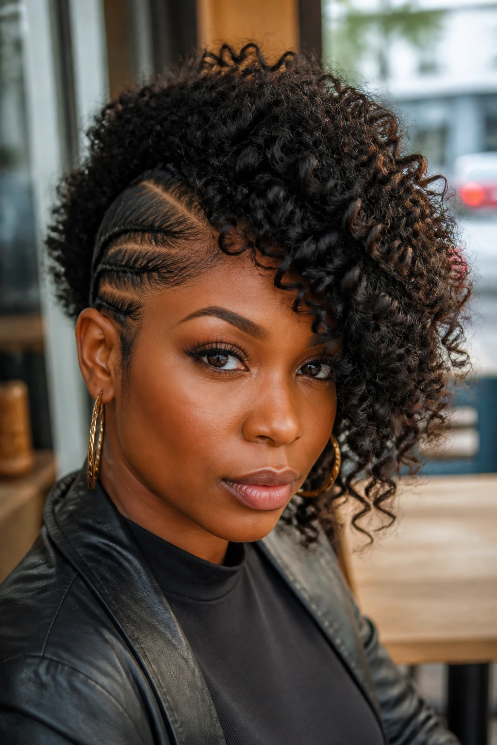 Portrait of a real Black woman with a side-swept curly mohawk.