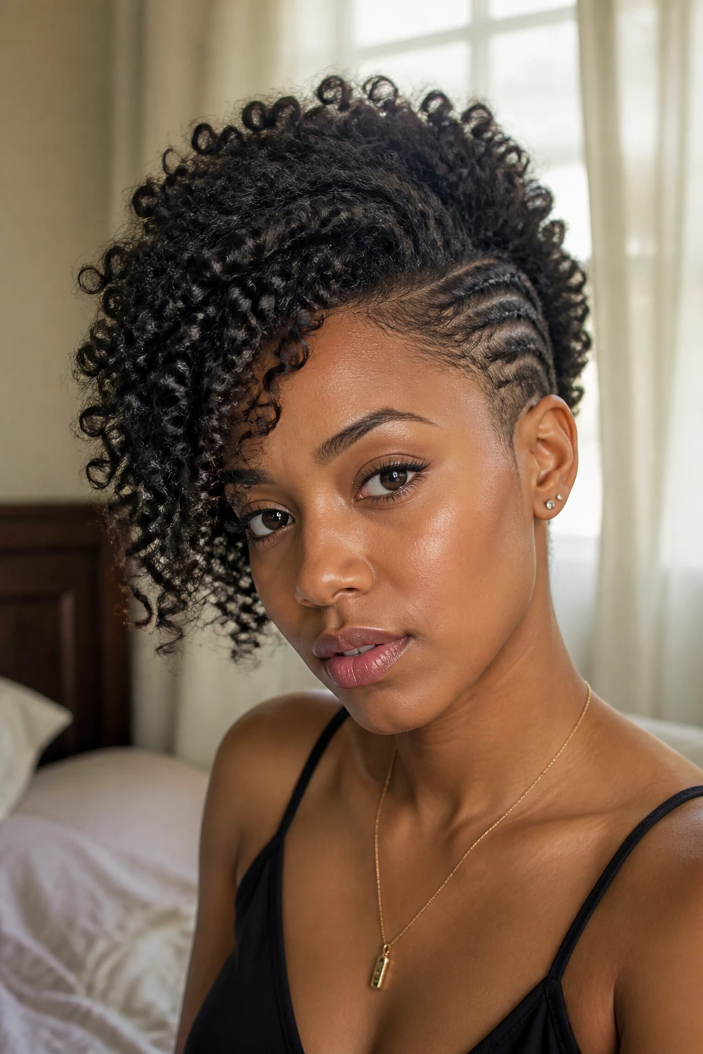 Close-up of a real woman with a side-swept curly Mohawk in warm bedroom light