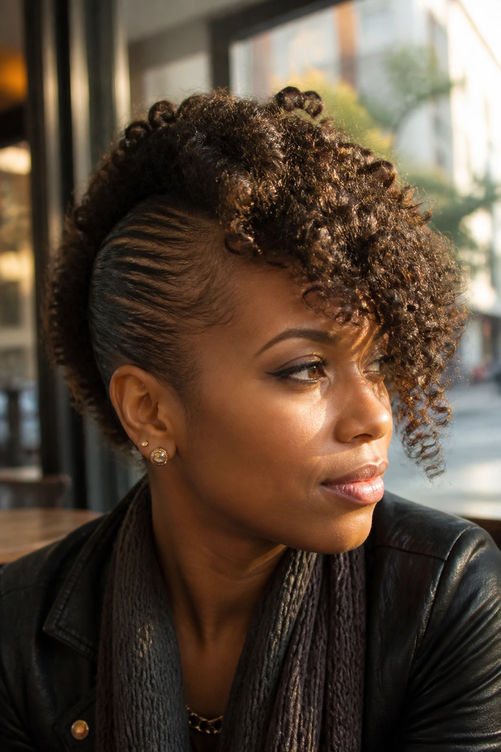Close-up portrait of a woman with side-swept curly mohawk in cafe window light
