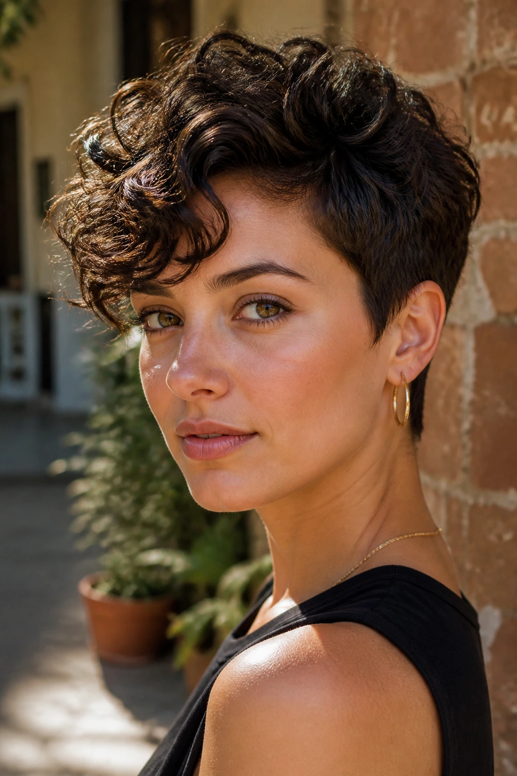Close-up portrait of a real woman with a side-swept curly pixie hairstyle