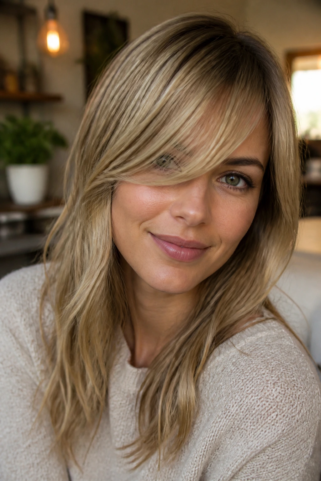 Portrait of a woman with side-swept curtain bangs
