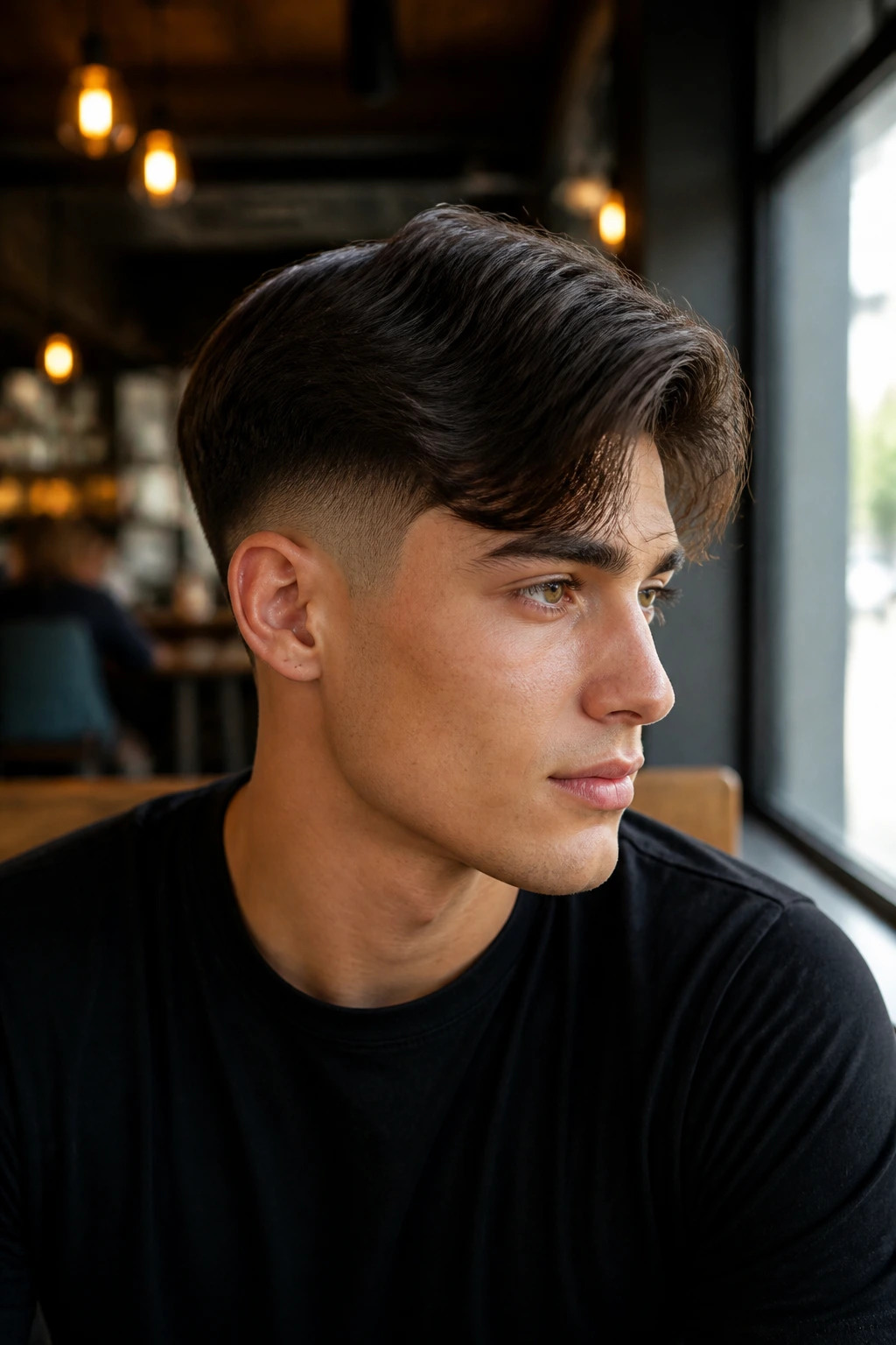 Close-up portrait of a real person with side-swept curtain bangs and a mid fade