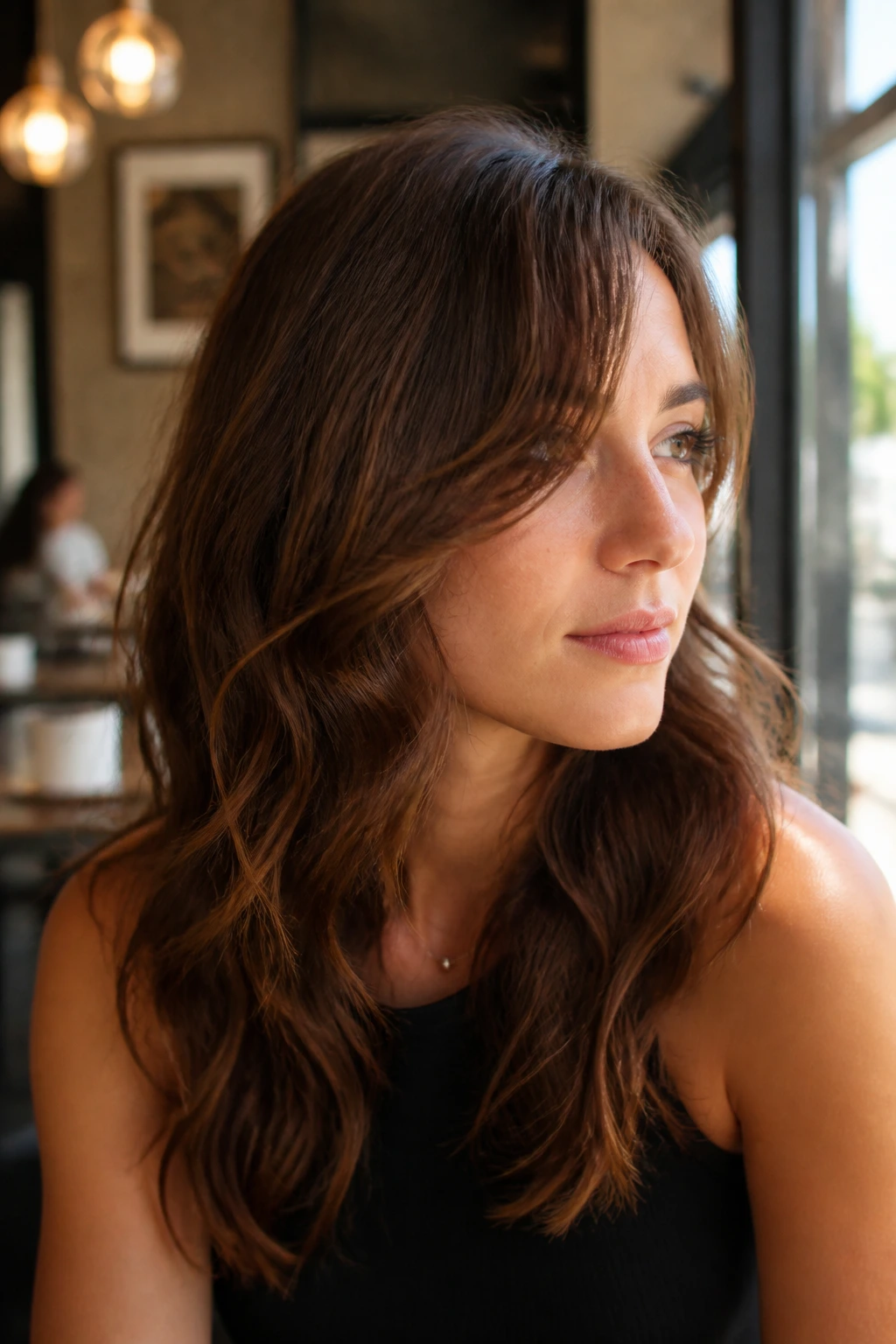 Real woman with off-center side-swept curtain bangs in a cafe setting