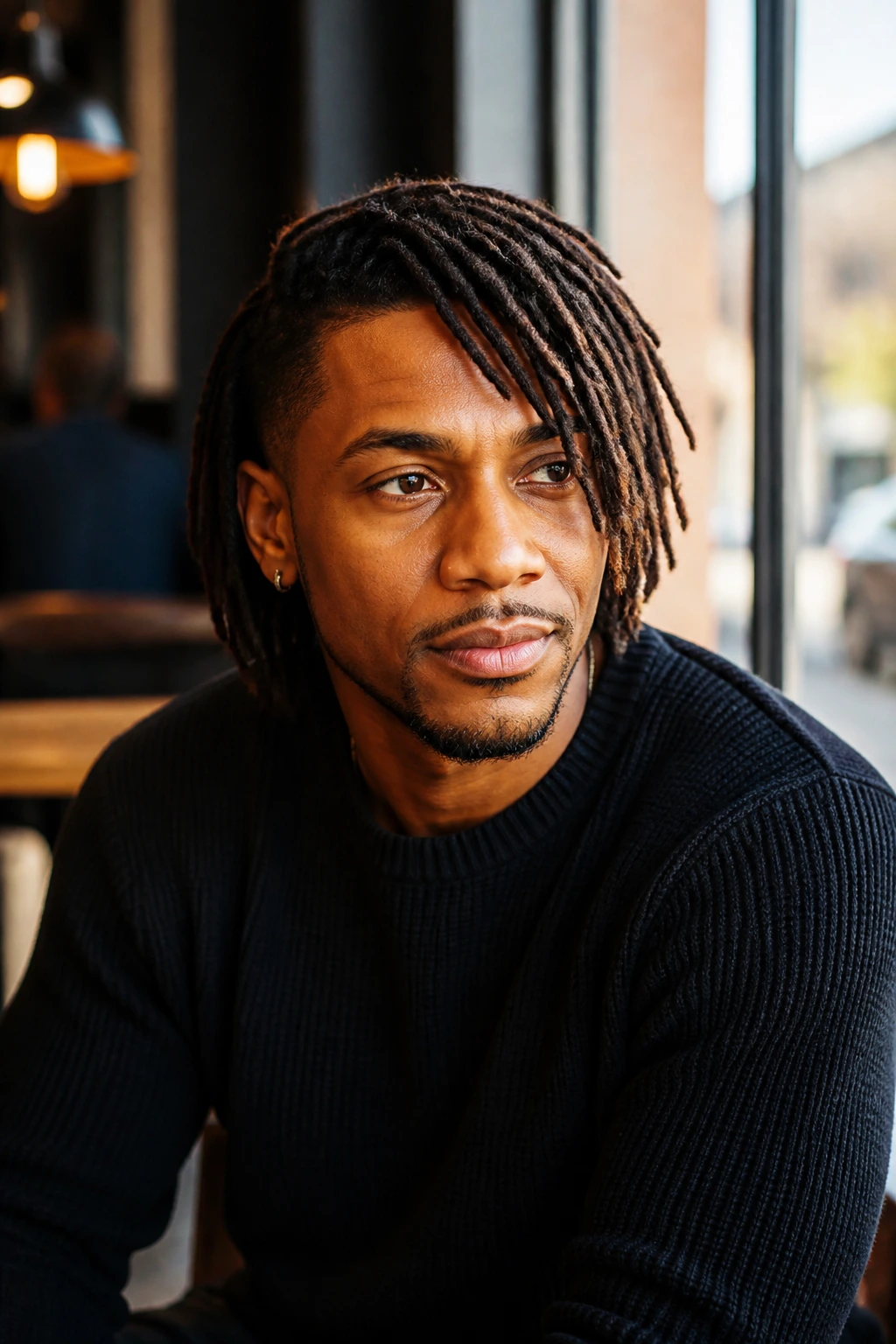 Three-quarter portrait of a man with side-swept curtain locs