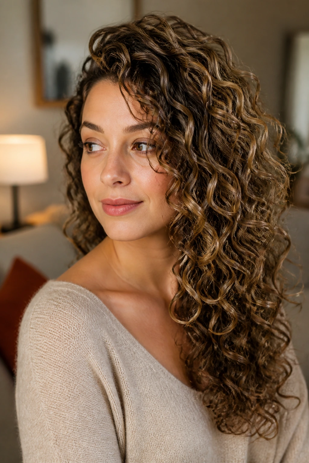 Close-up of a real woman with side-swept diffused curls