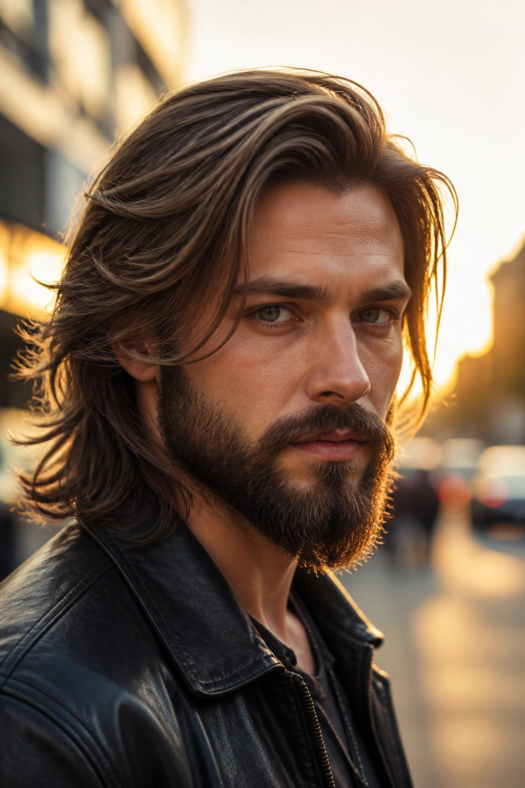Close-up of a man with side-swept layered hair and a ducktail beard in golden hour outdoor setting