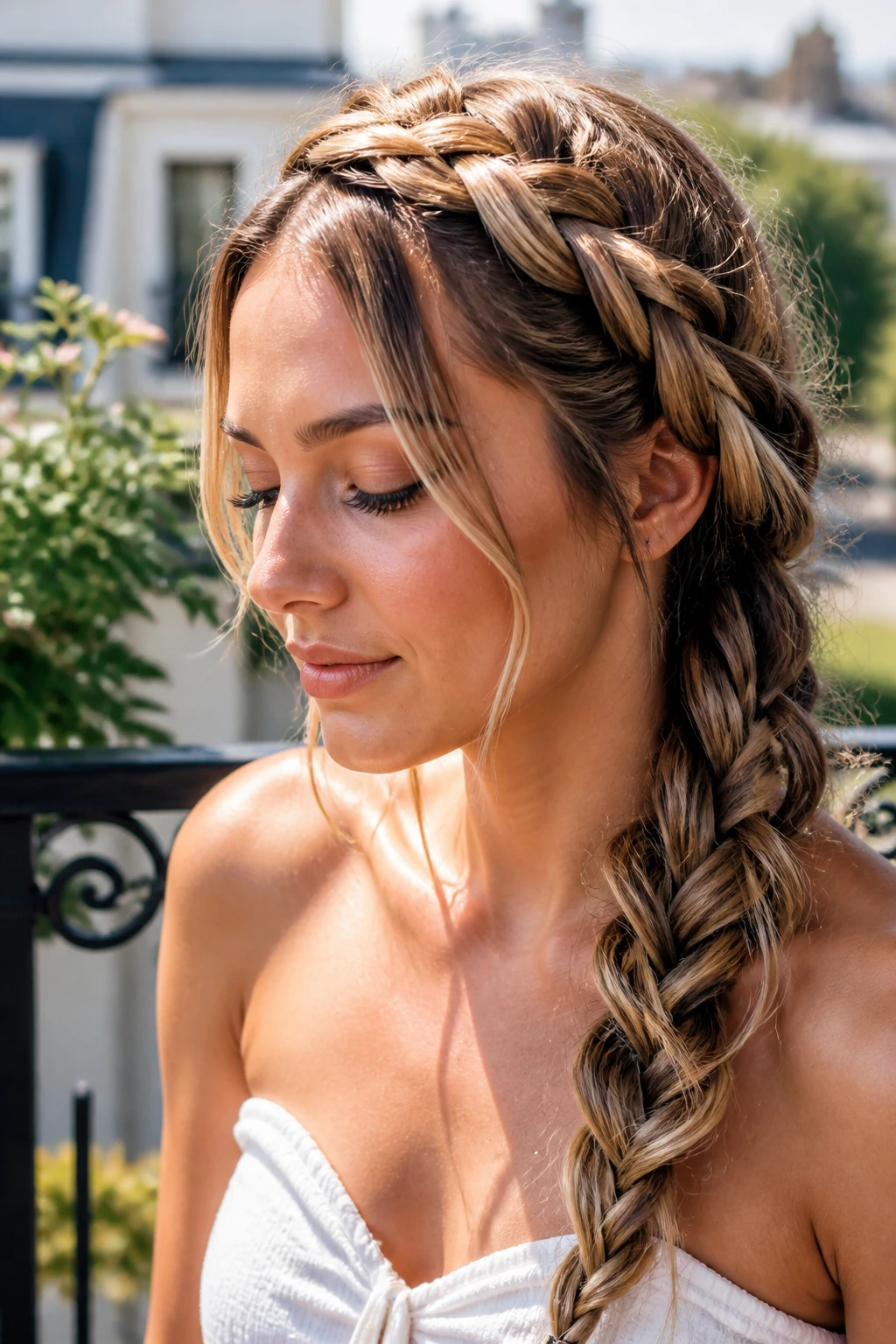 Close-up of a real woman with a diagonal Dutch braid over one shoulder