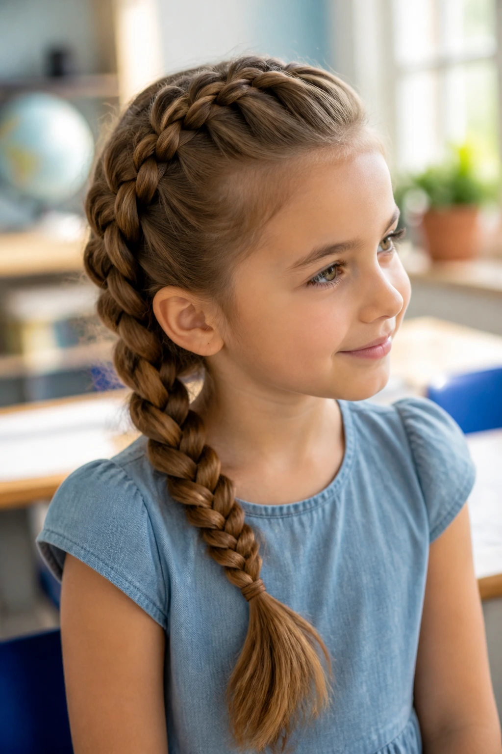 Child with side-swept Dutch braid in sunlit setting