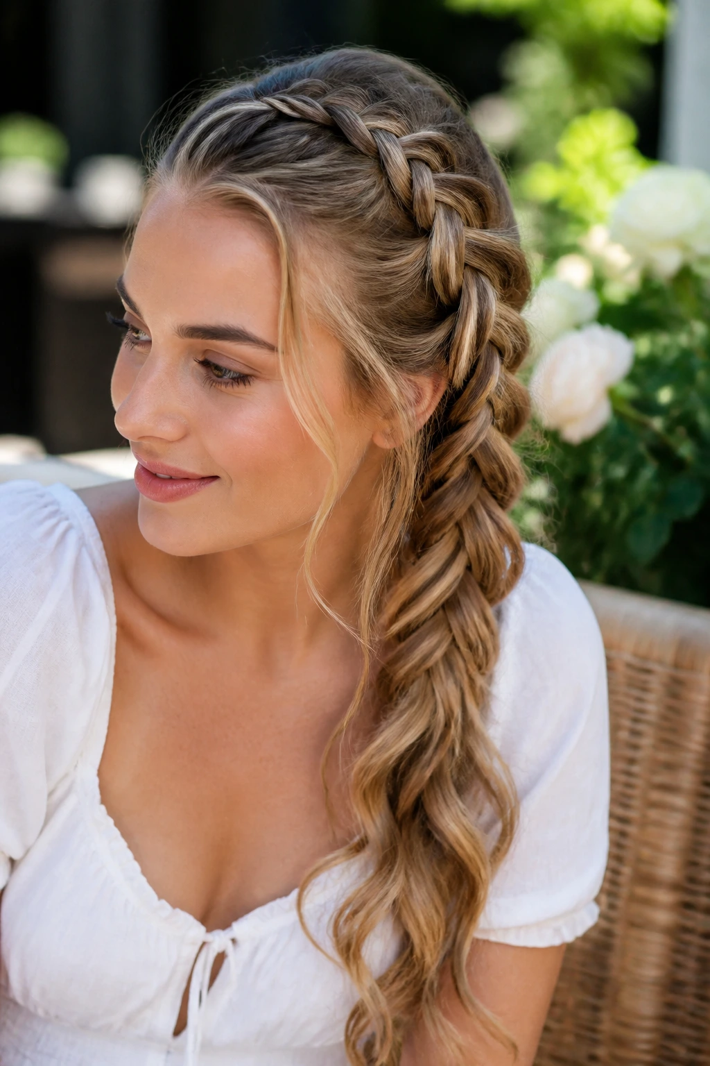 Woman with a side-swept Dutch braid and loose end.