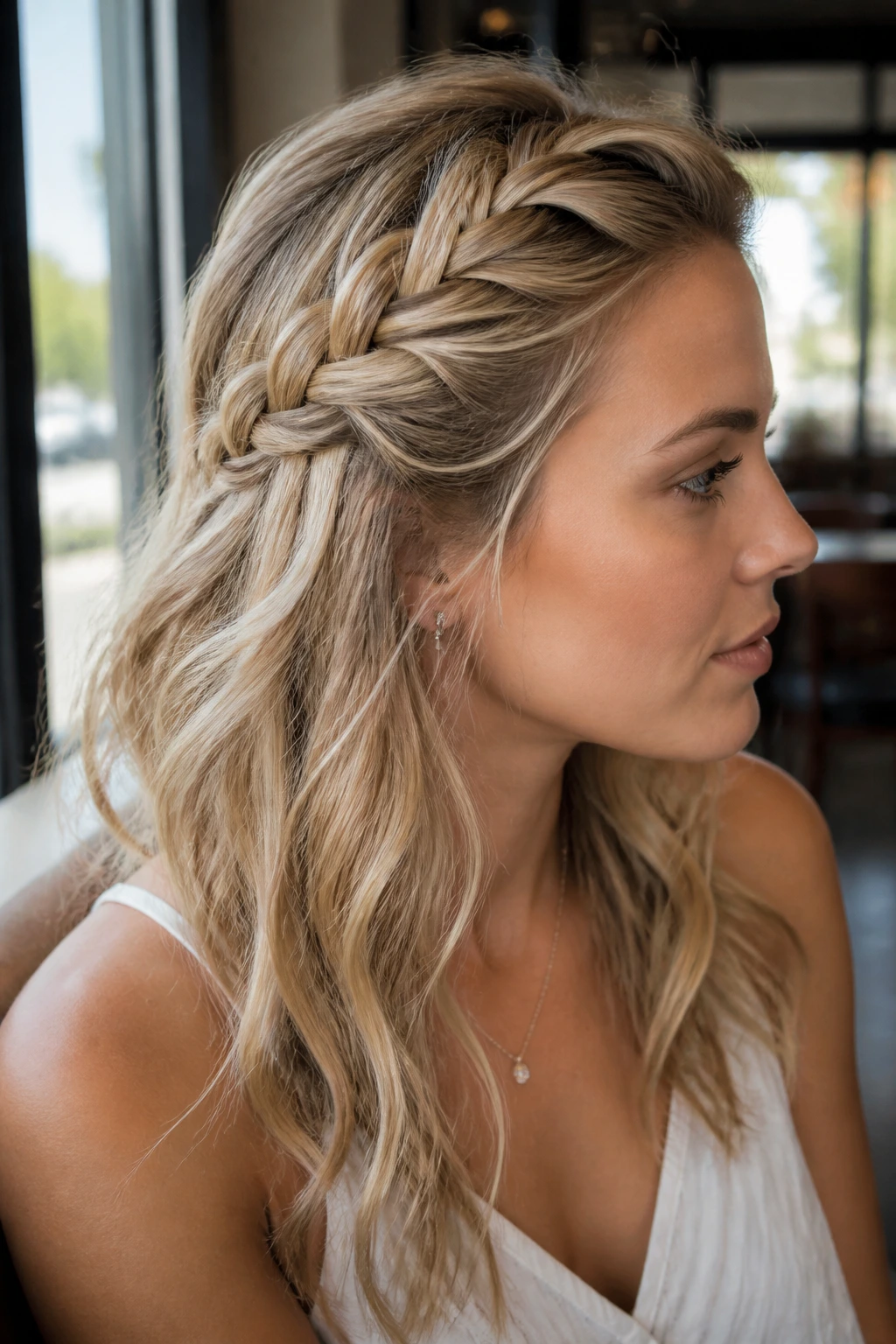 Dutch braid swept to side into loose waves, real person