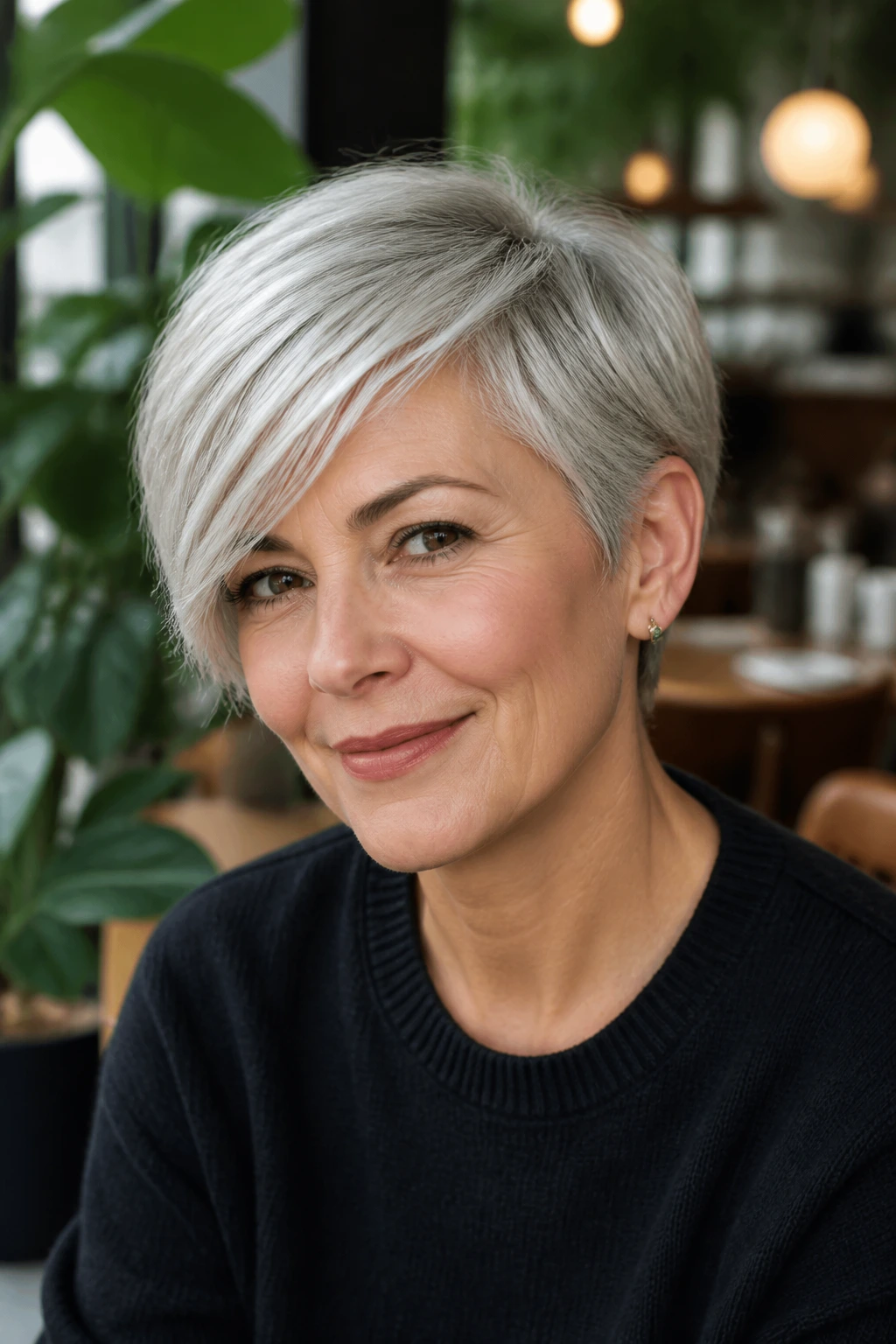 Real woman with ear-length crop swept to the side highlighting jawline and cheekbones.