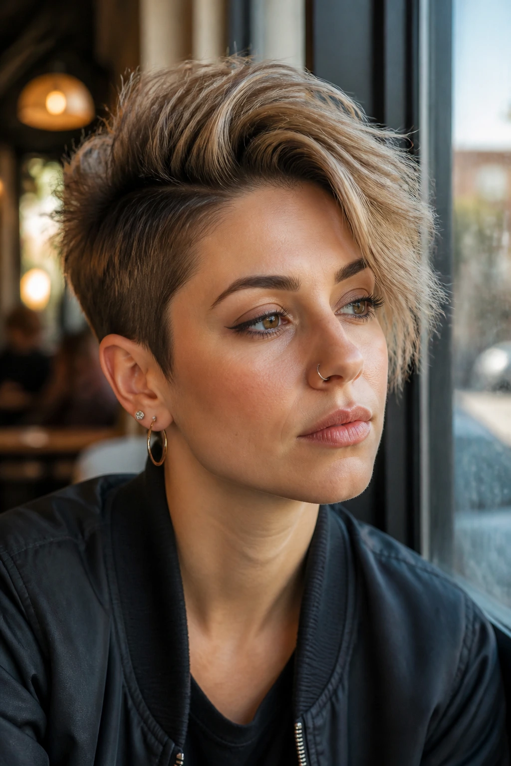 Close-up portrait of a real woman with a side-swept undone faux hawk in a cafe setting