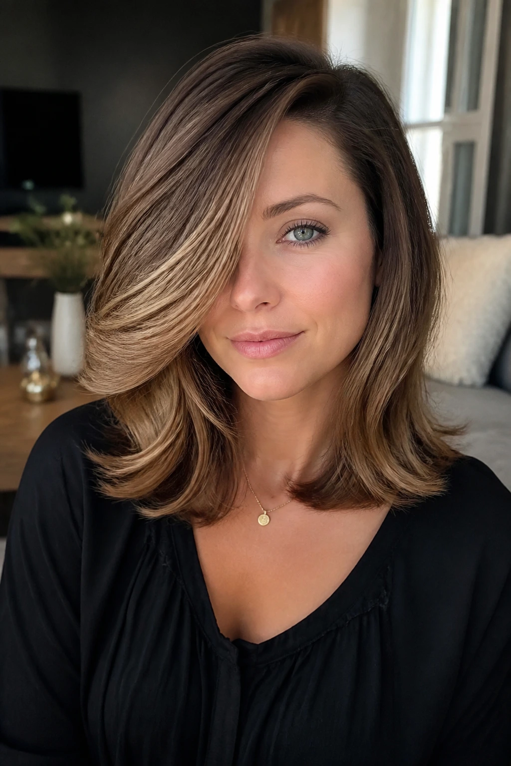Portrait of a woman with side-swept feathered layers hairstyle