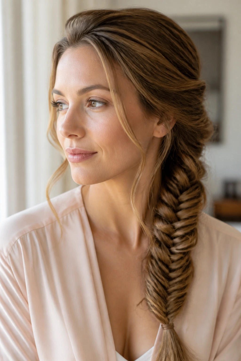 Close-up of a real woman with a side-swept fishtail over one shoulder