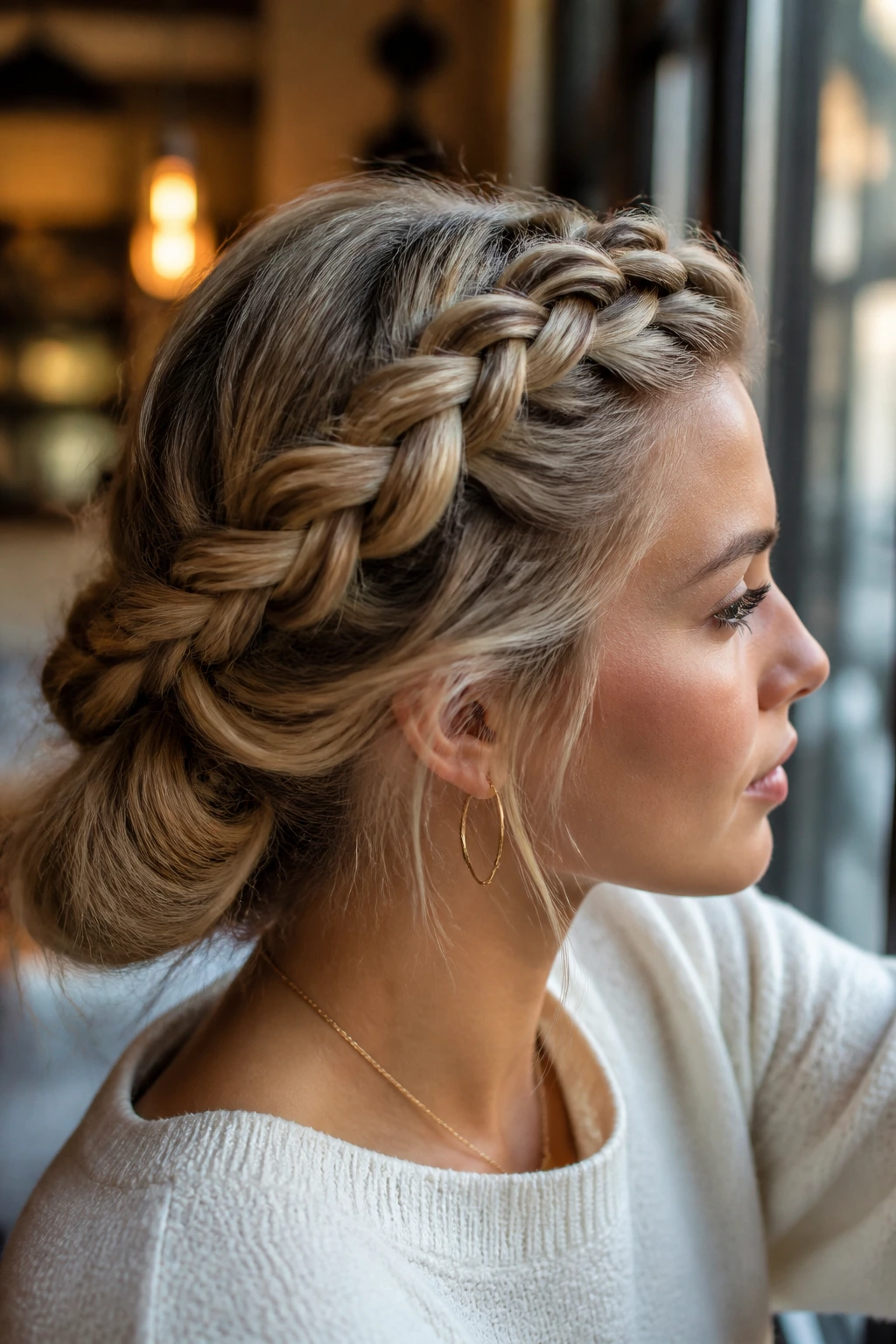 Profile of a real woman with a side-swept French braid