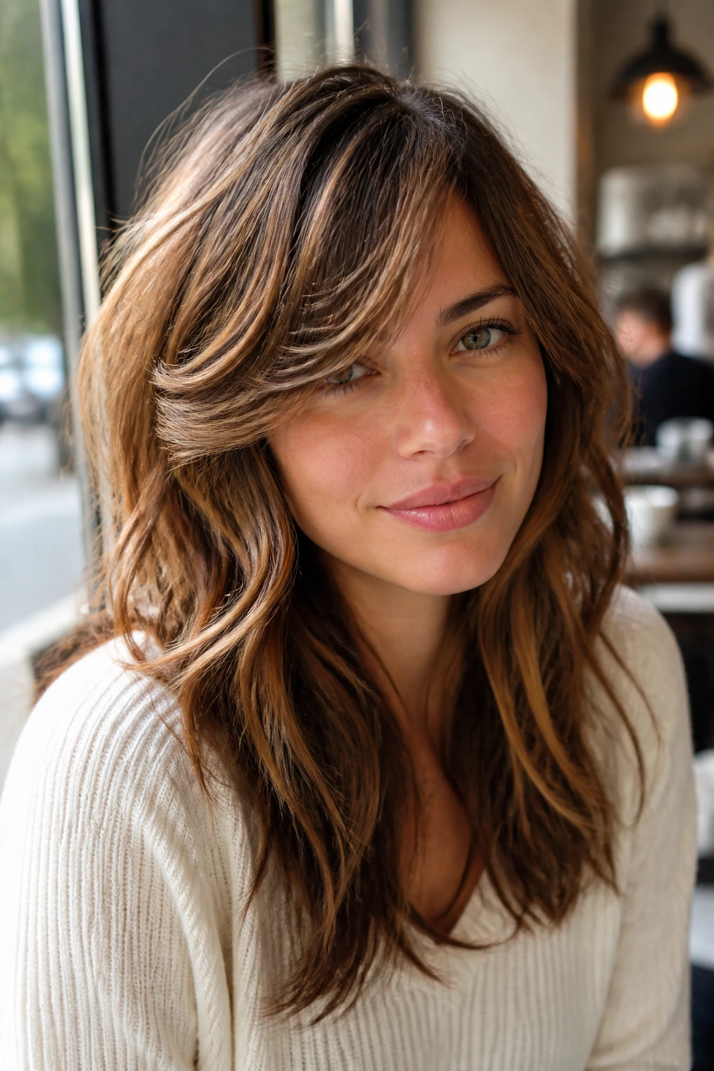 Close-up portrait of a real person with side-swept fringe on wavy hair in natural light