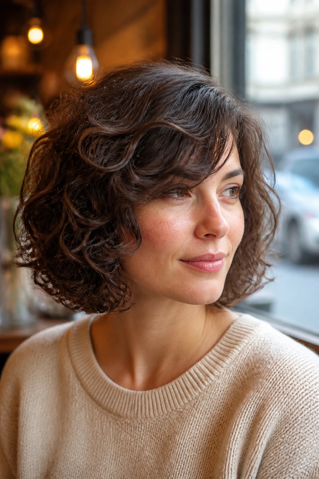 Portrait of a woman with a side-swept fringe bob and diagonal fringe across the forehead.