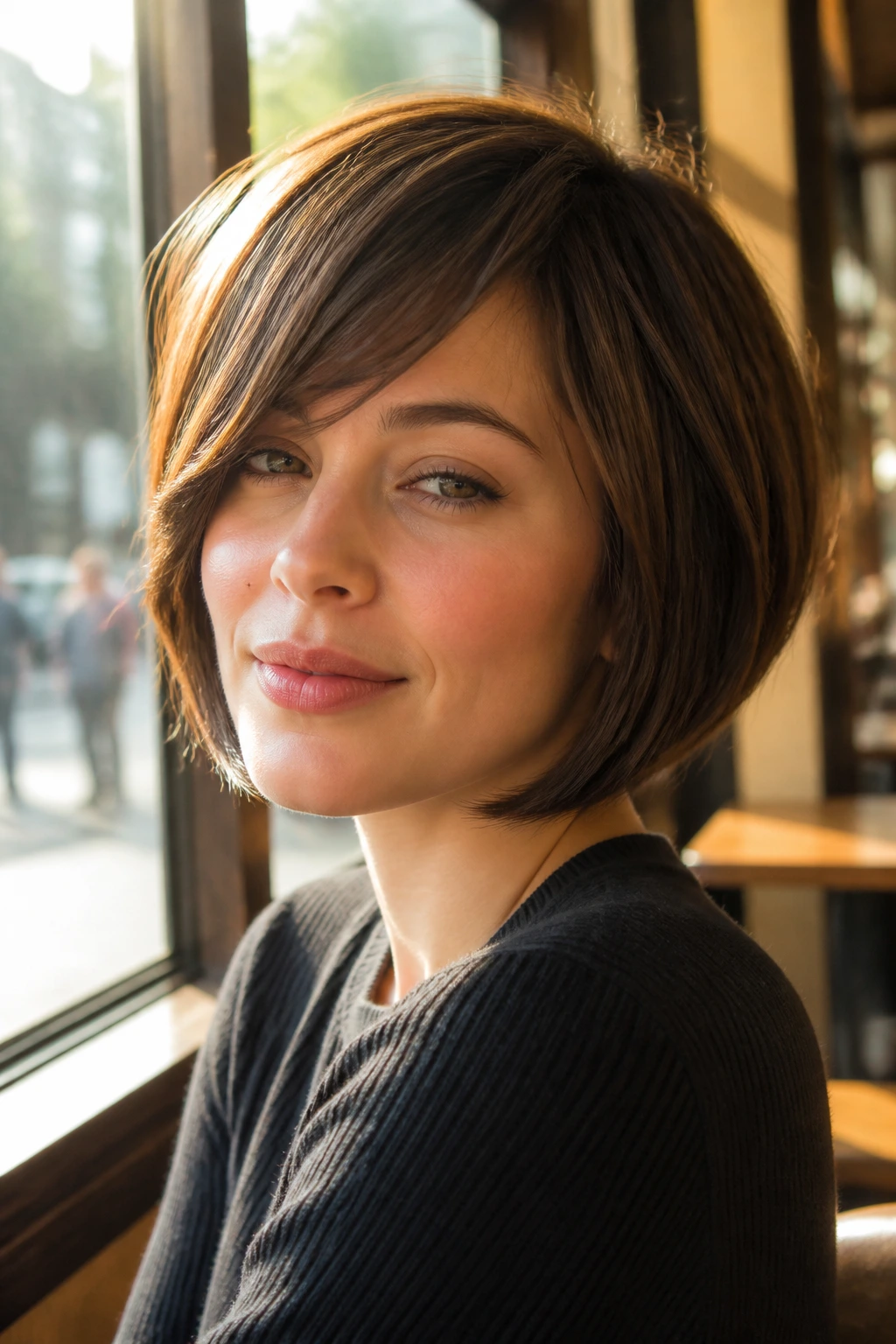 Close-up portrait of a woman with a side-swept fringe bob.
