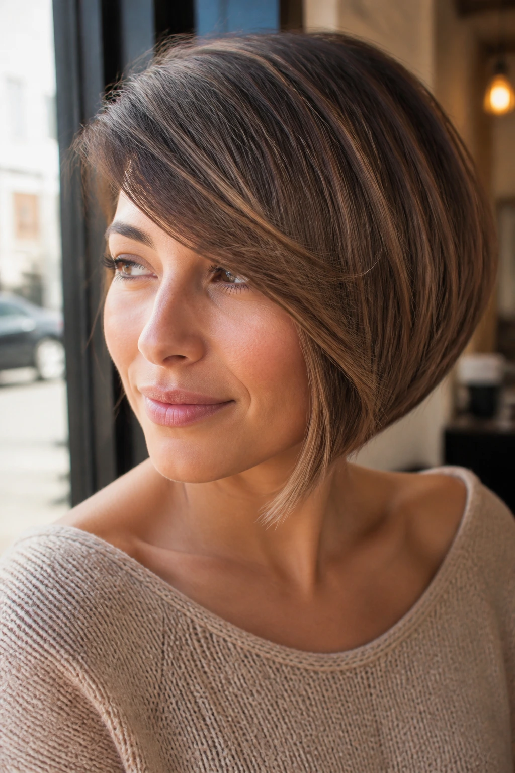 Portrait of a real woman with a side-swept fringe bob in a sunlit cafe setting.
