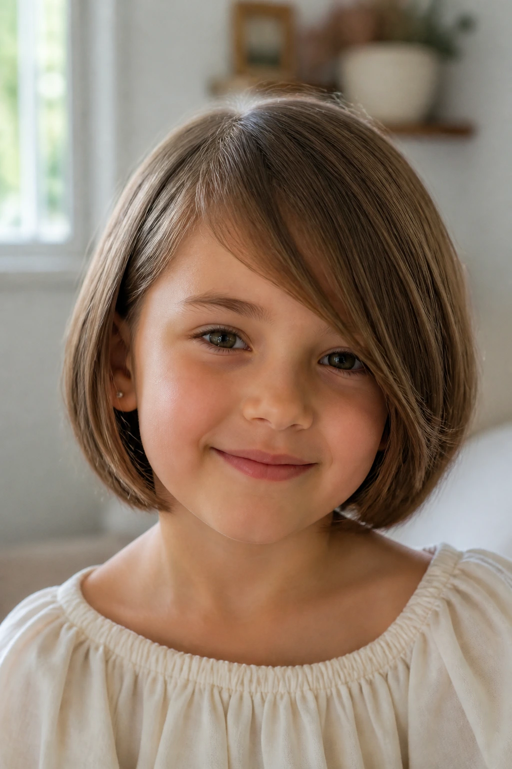 Close-up of a real child with a side-swept fringe bob in natural light