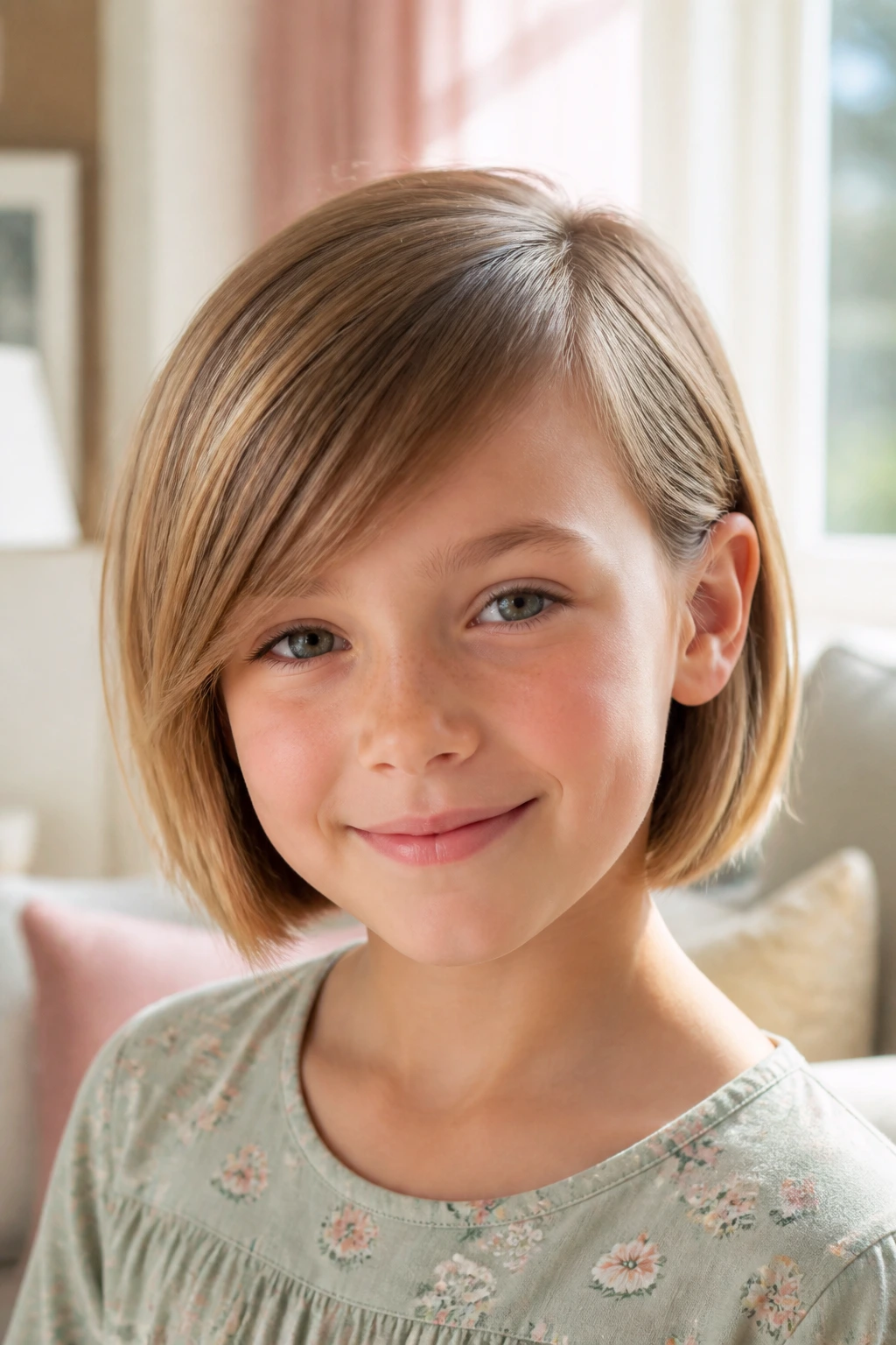 Close-up of a girl with side-swept fringe bob in a sunlit living room