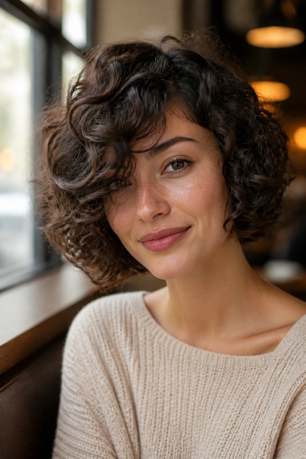Close-up of real woman's side-swept fringe curly bob in cafe light