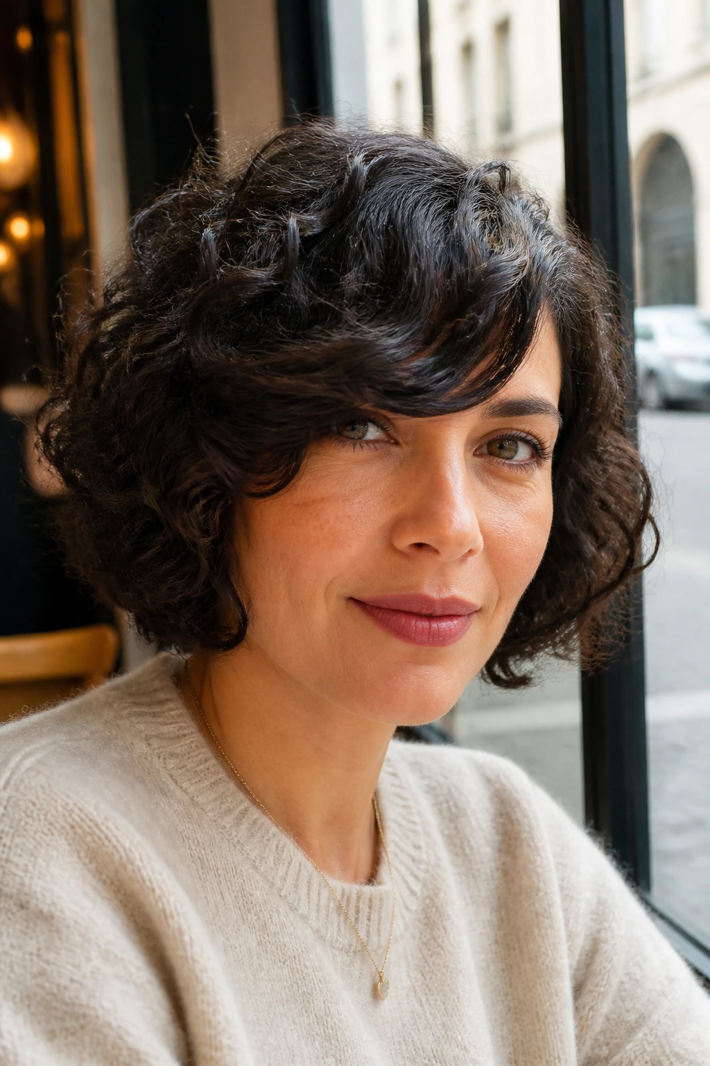Real woman with diagonal side-swept fringe bob in cafe window light