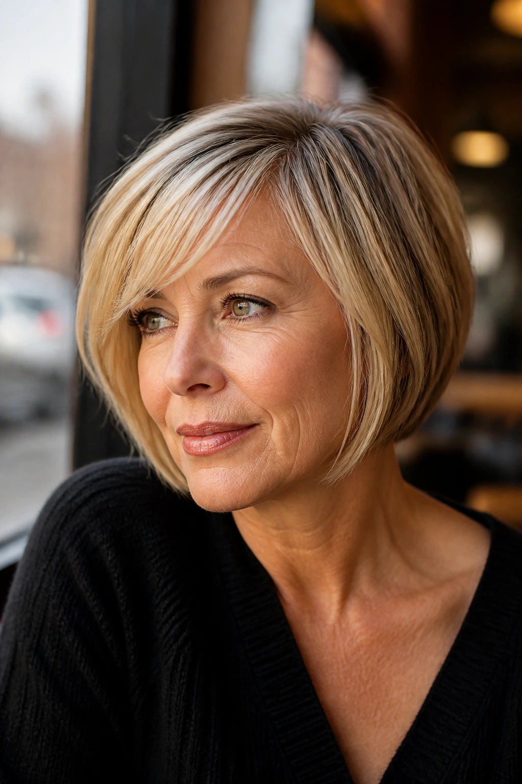 Portrait of a real woman with a side-swept fringe bob in a cafe setting