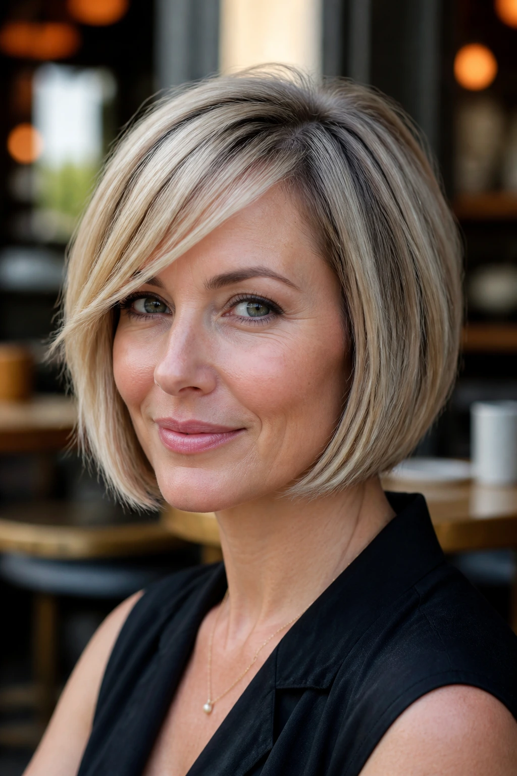Portrait of woman with side-swept fringe bob at outdoor cafe