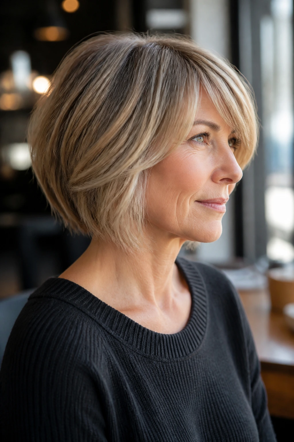 Side-profile of a real woman with side-swept fringe