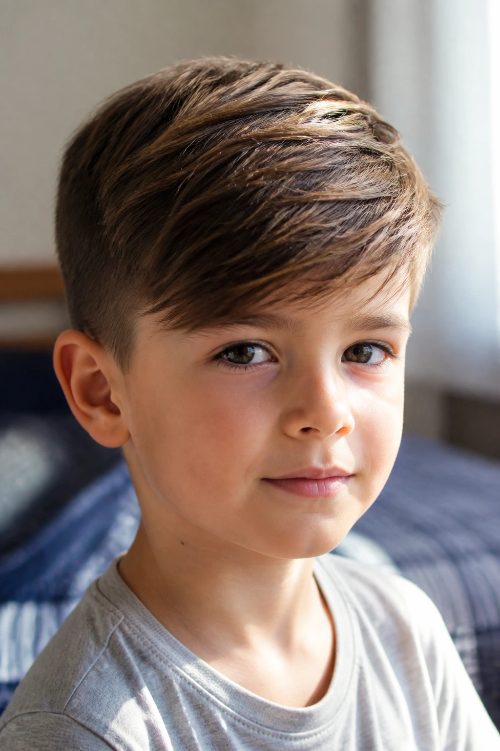 Close-up portrait of a real boy with a side-swept fringe across his forehead.