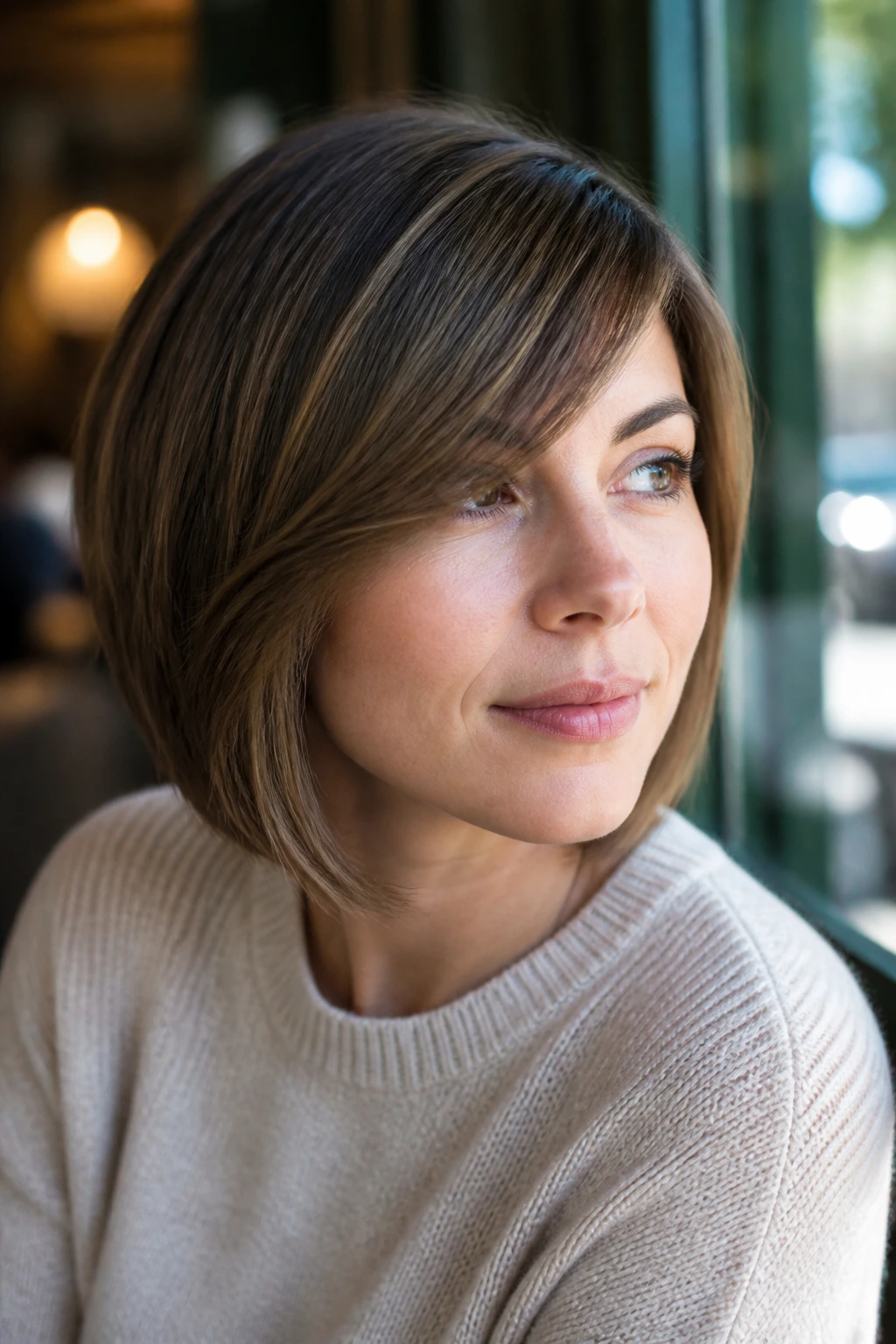 Person with side-swept fringe and chin-grazing cut