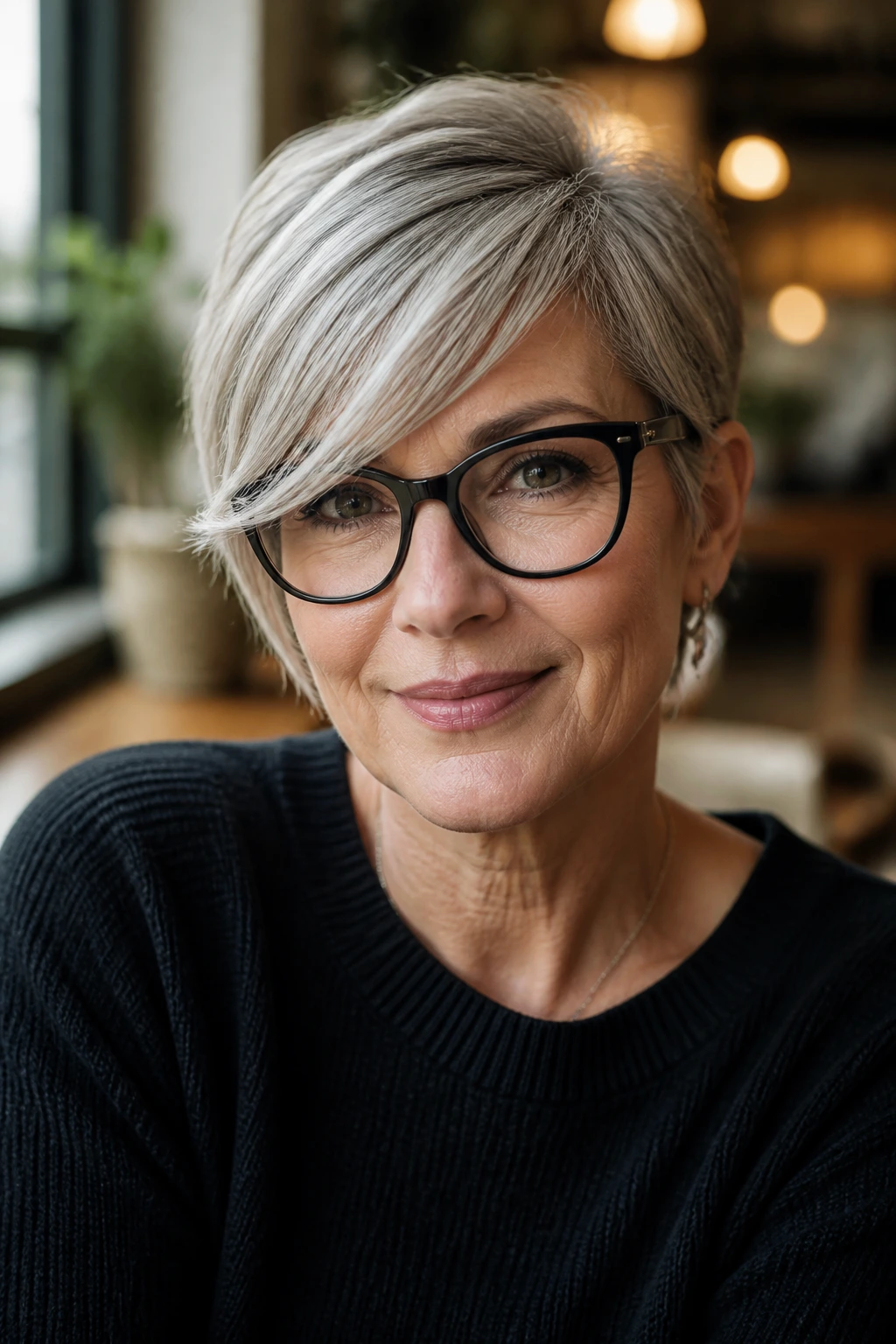 Close-up portrait of a real woman with a side-swept fringe cut