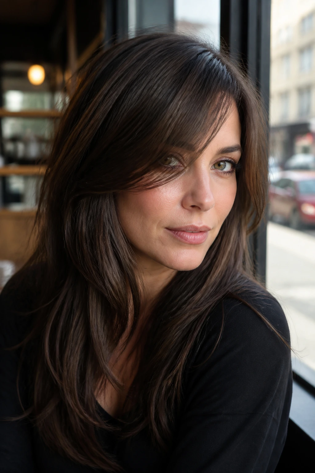 Close-up portrait of a real person with side-swept fringe linking to face-framing drift