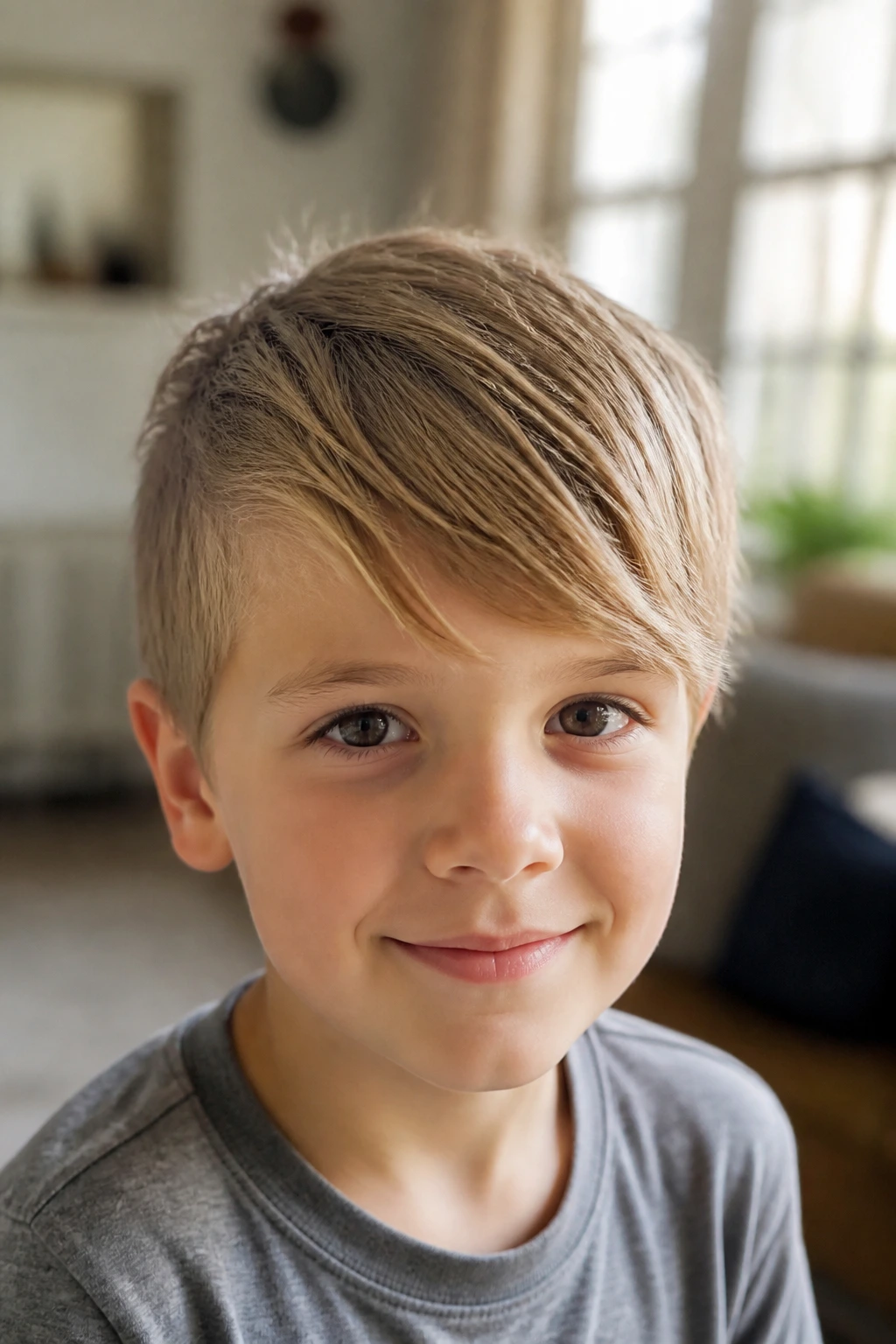 Child with side-swept fringe on fine hair in a cozy home setting
