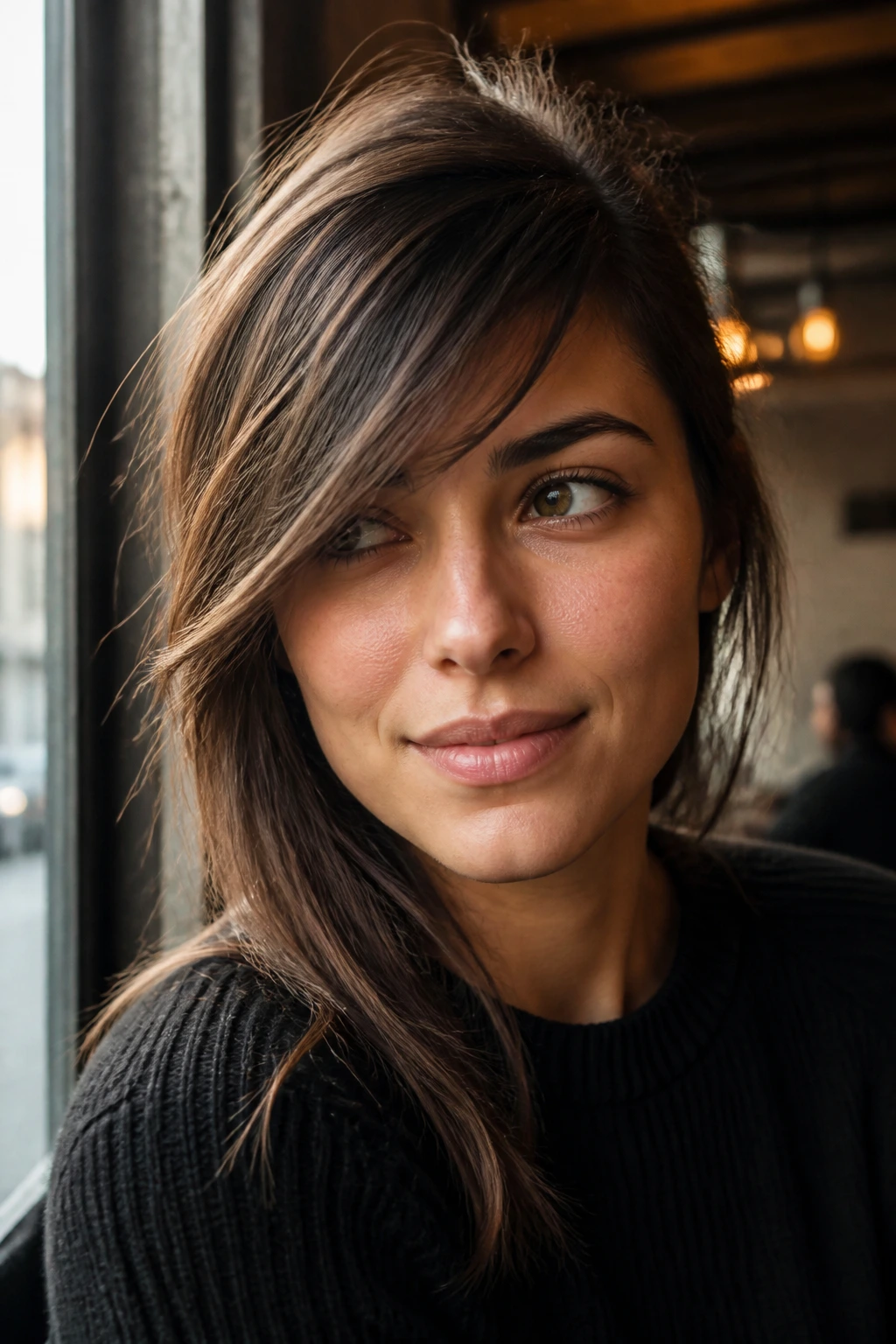 Portrait of a real woman with a long side-swept fringe across the forehead