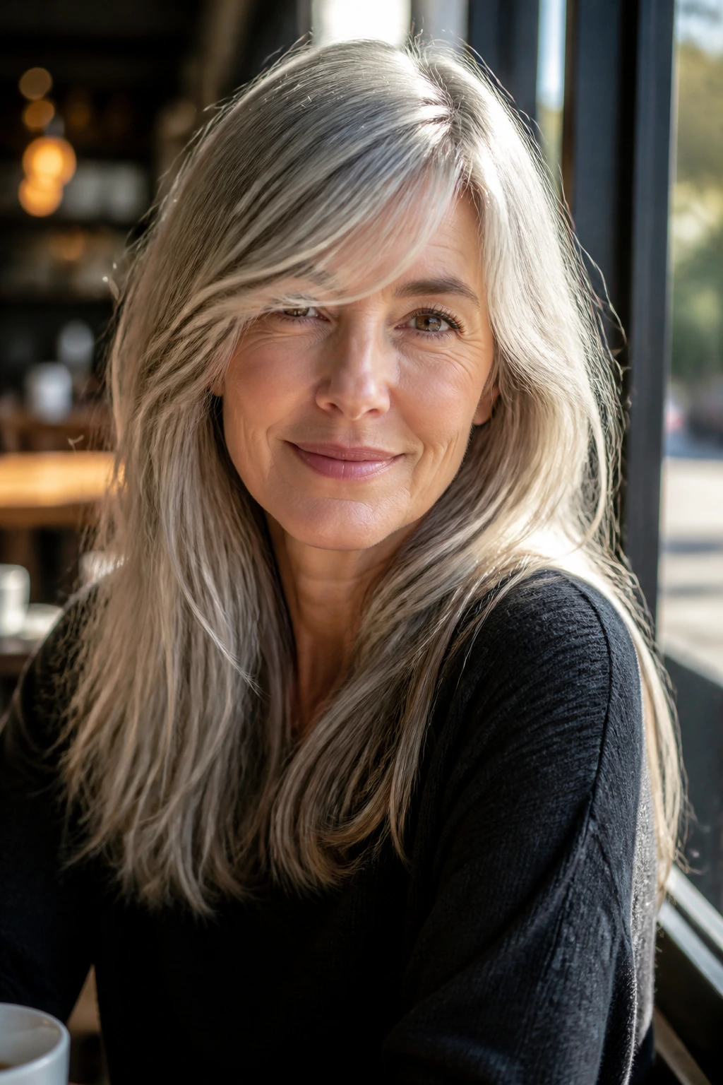 Close-up of a real woman with long hair and a side-swept fringe in a cafe