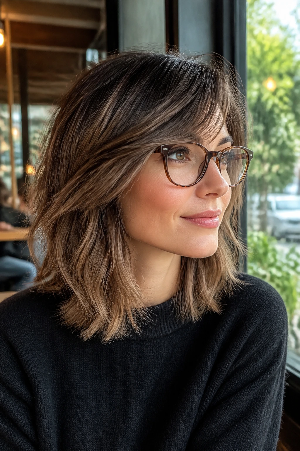 Close-up of a real woman with side-swept fringe and textured shoulder-length hair.