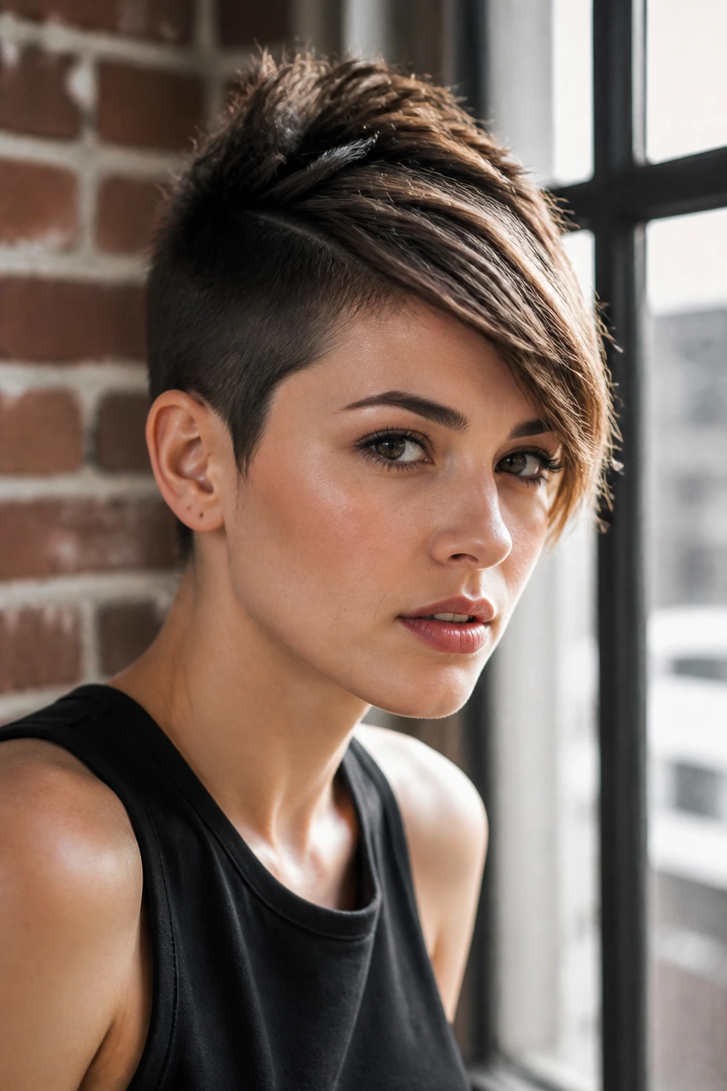Portrait of a real person with a side-swept fringe hawk.