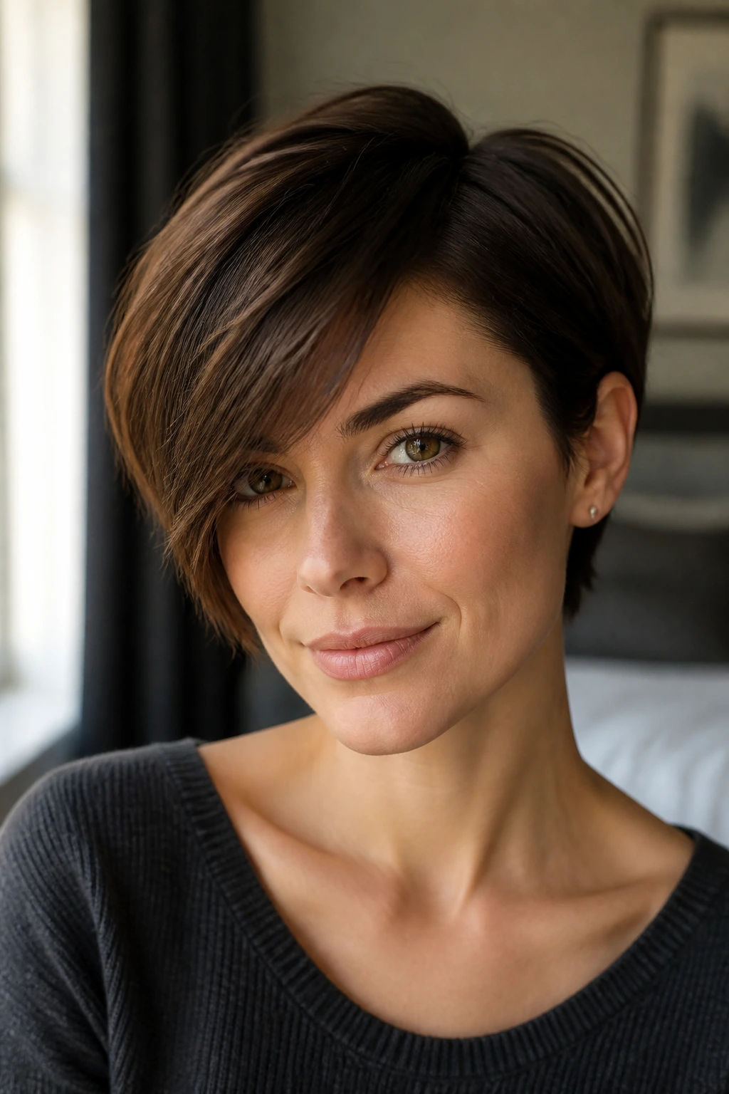 Close-up of side-swept fringe concealing a high hairline on a real person