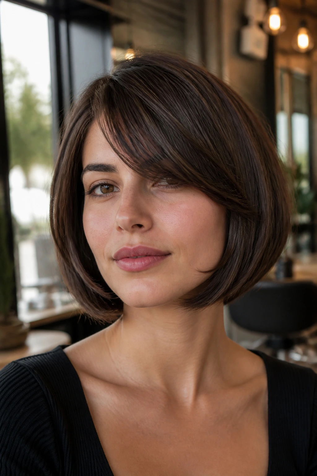 Close-up of a real woman with side-swept fringe blended into an Italian bob