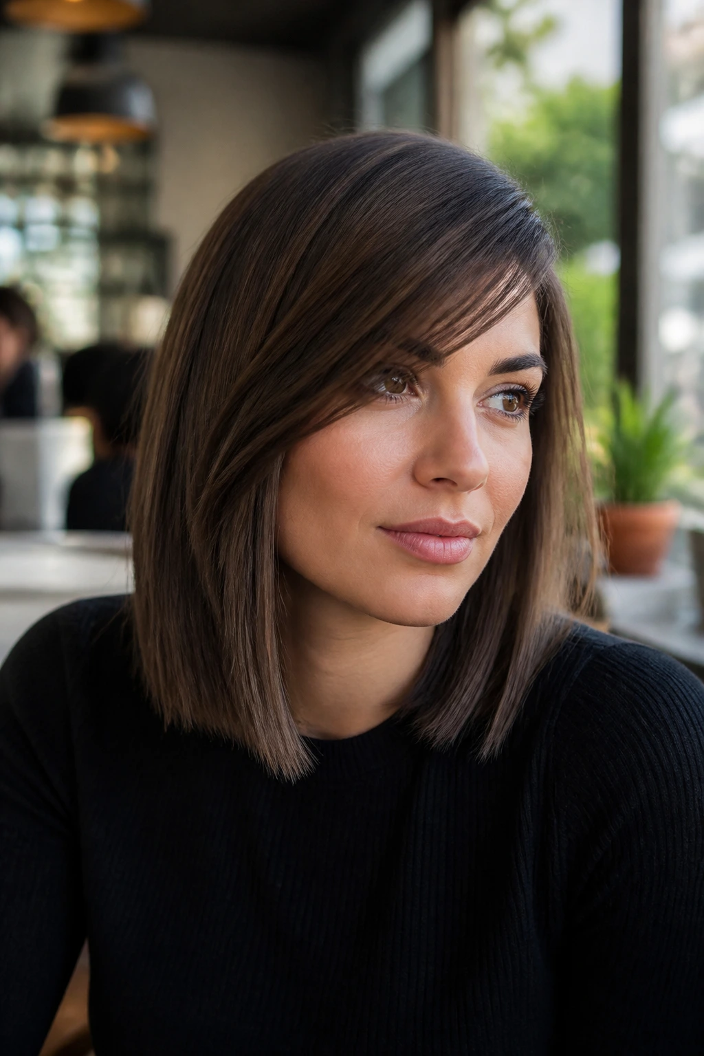 Portrait of a real woman with a side-swept fringe lob hairstyle