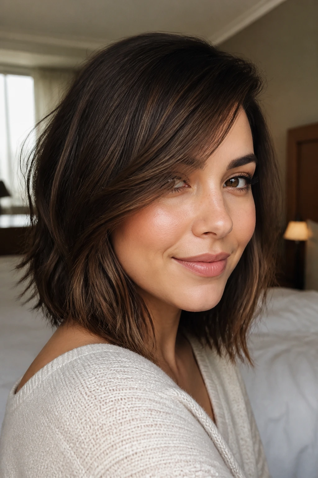 Portrait of a real woman with side-swept fringe lob in a bedroom setting