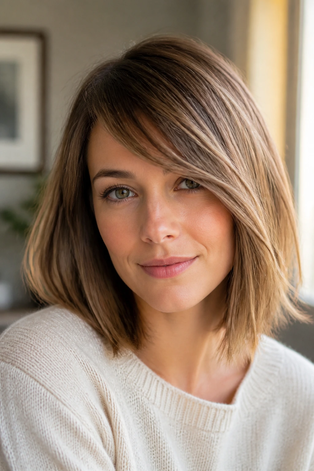 Portrait of a real woman with a side-swept fringe lob
