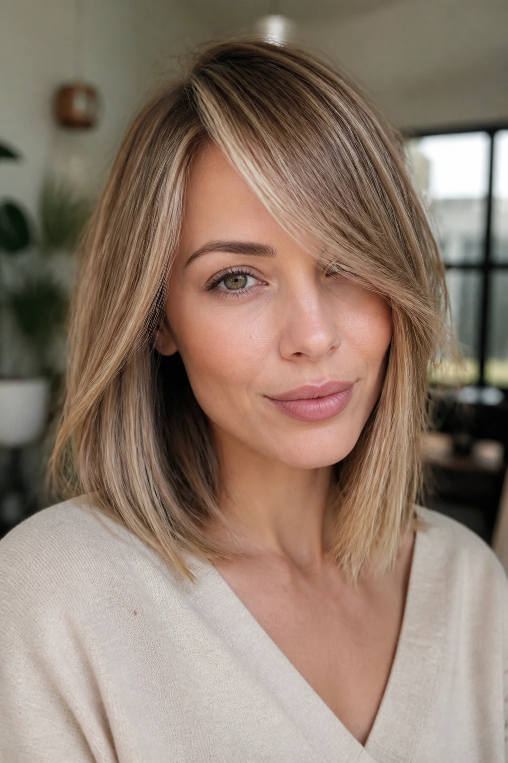Close-up of a real woman with a side-swept fringe lob hairstyle