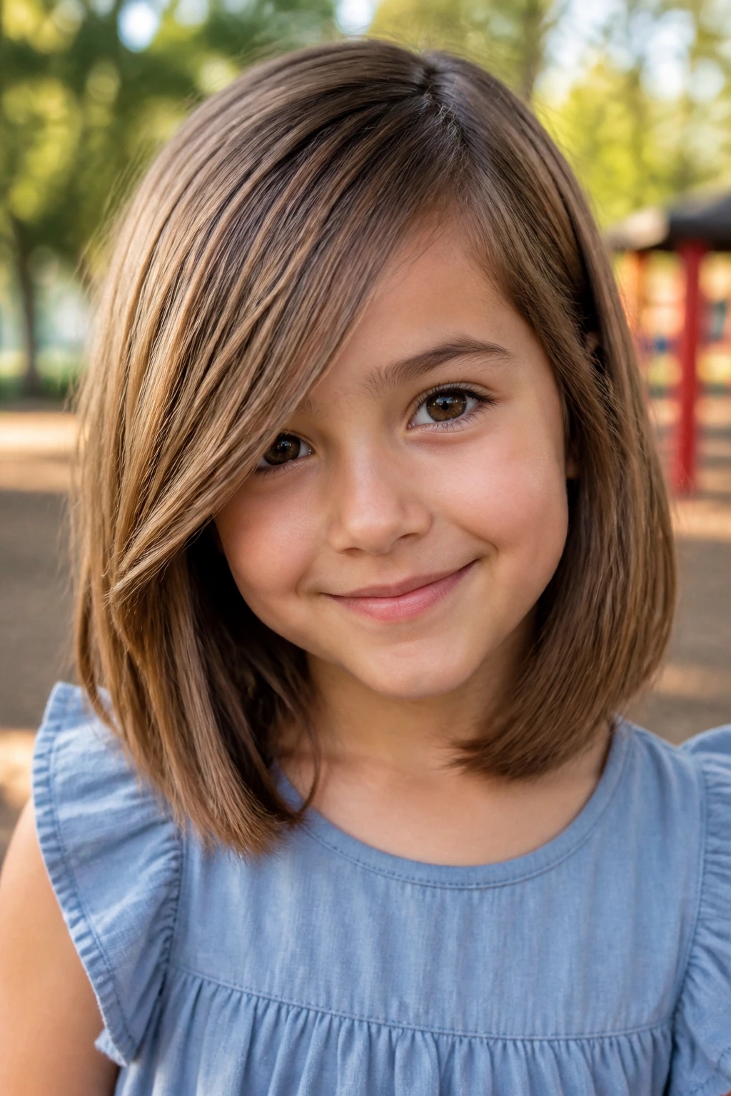 Girl with side-swept fringe and lob hairstyle outdoors