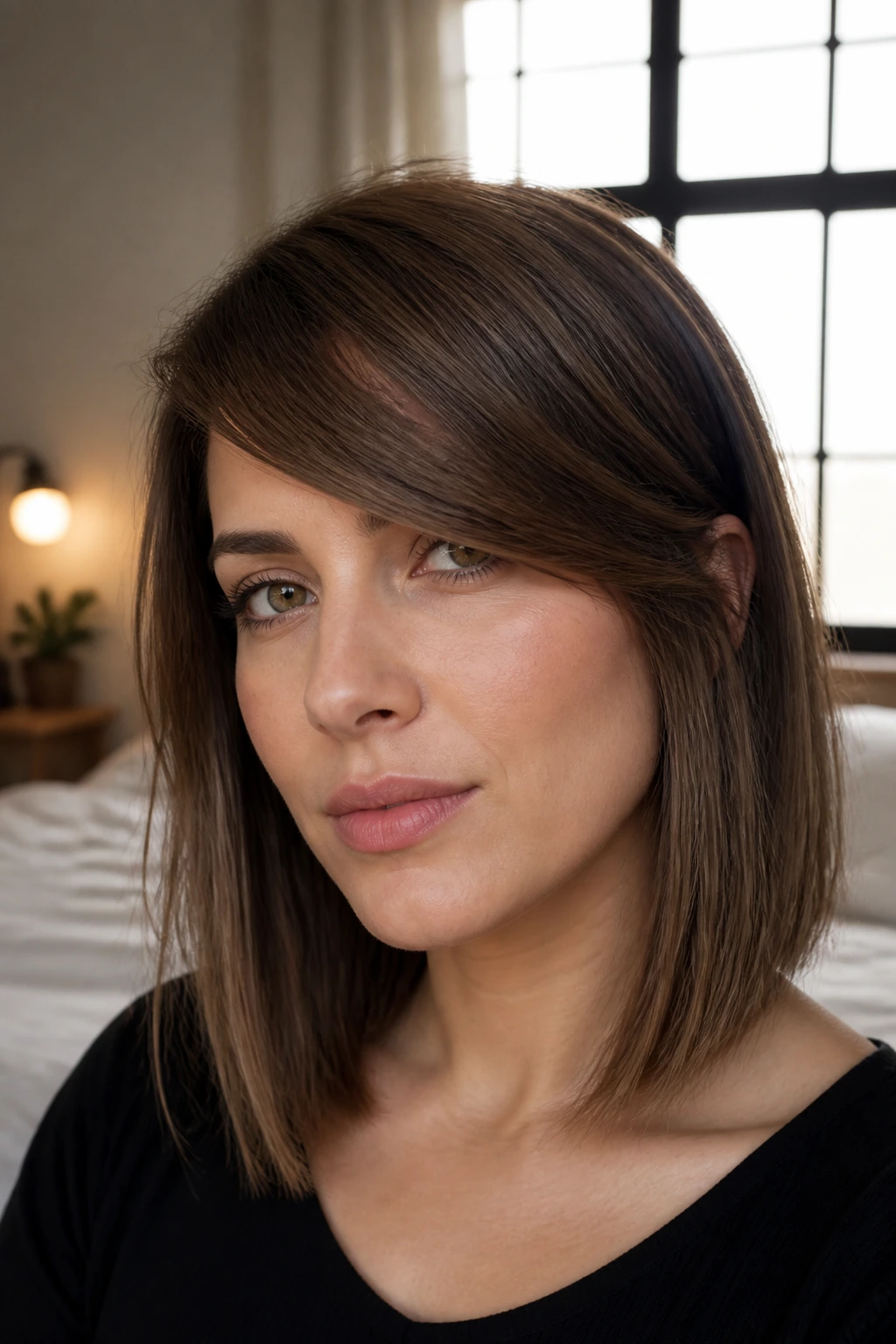 Close-up of a real woman with a side-swept fringe lob under natural window light.