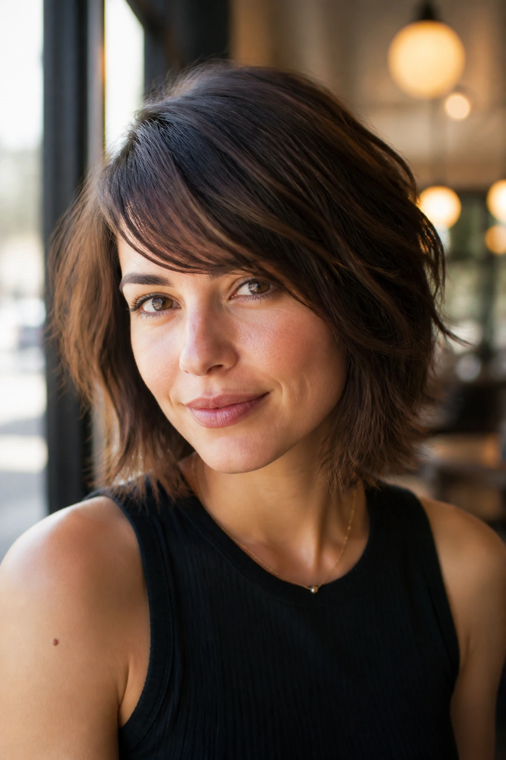 Portrait of a real woman with side-swept fringe and choppy lob layers