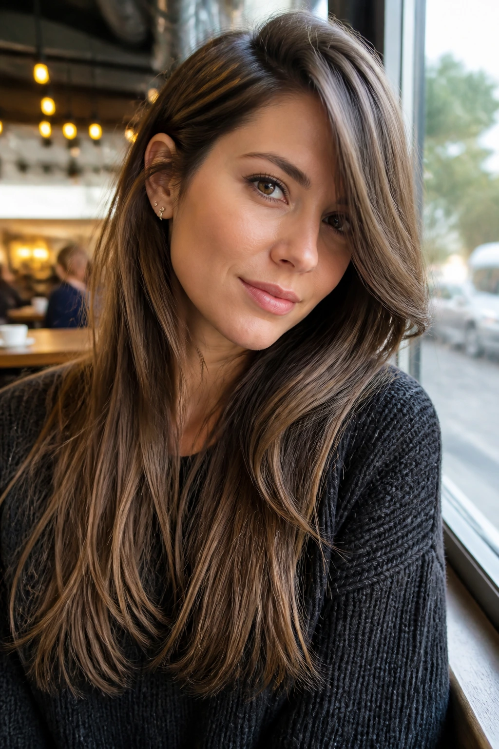 Portrait of a woman with deep-part long side-swept fringe