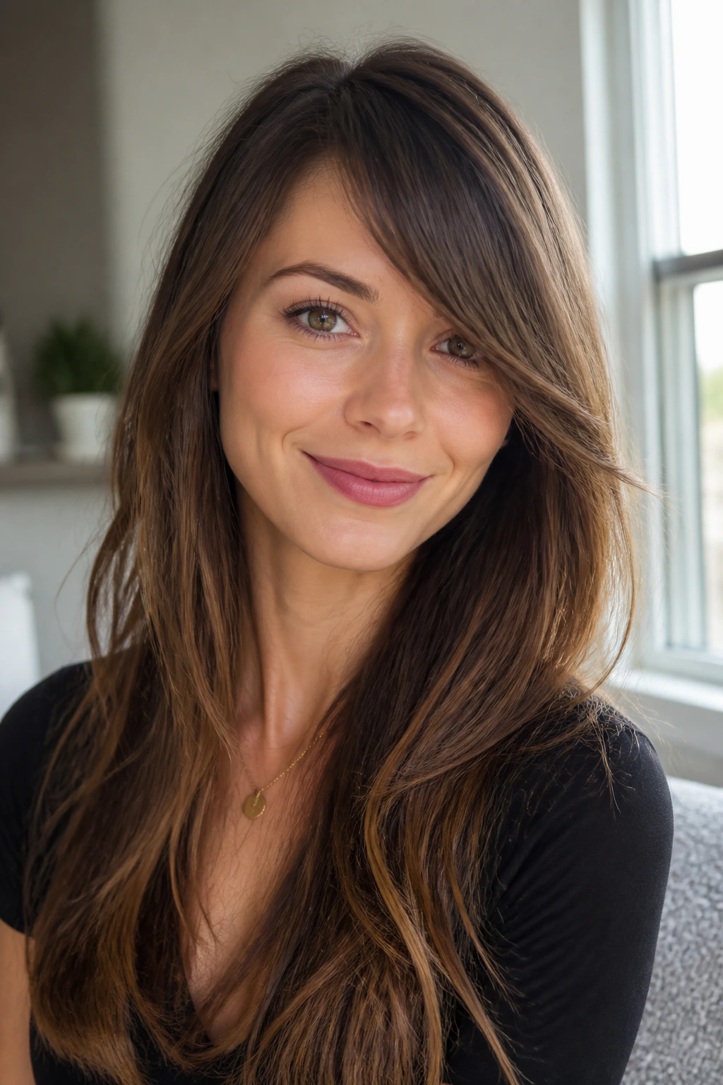 Close-up portrait of a real woman with a side-swept fringe and long hair